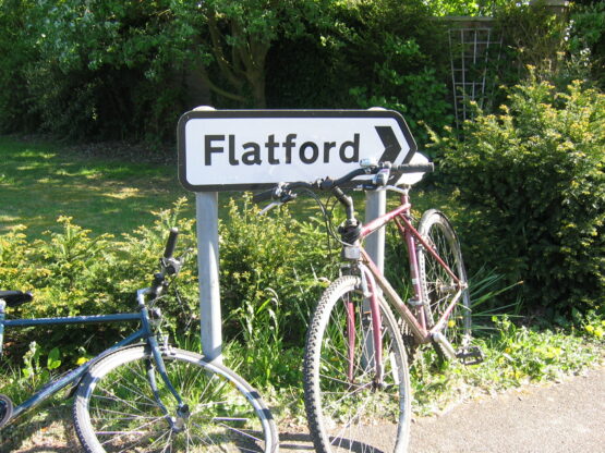 Bikes by a Flatford sign