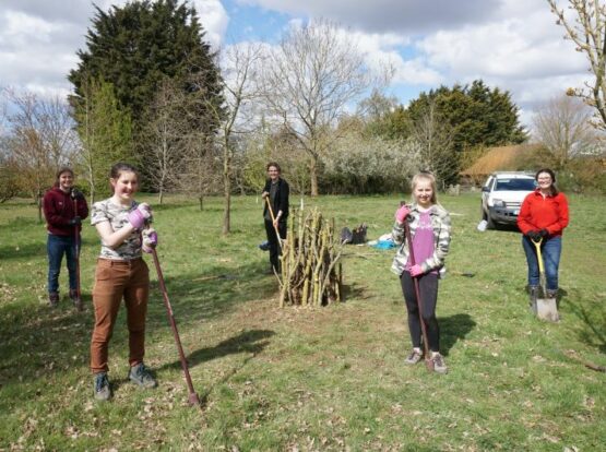 A group of girls building a stag beetle pyramid