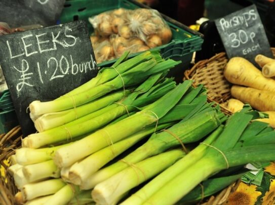 Farmers Market Produce including leeks and pasnips