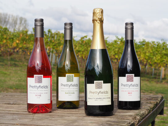 A selection of bottles of drink from Prettyfields Vineyard