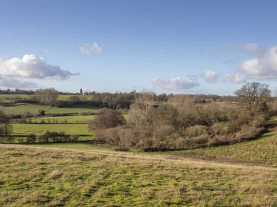 A valley scene with blue skies and countryside